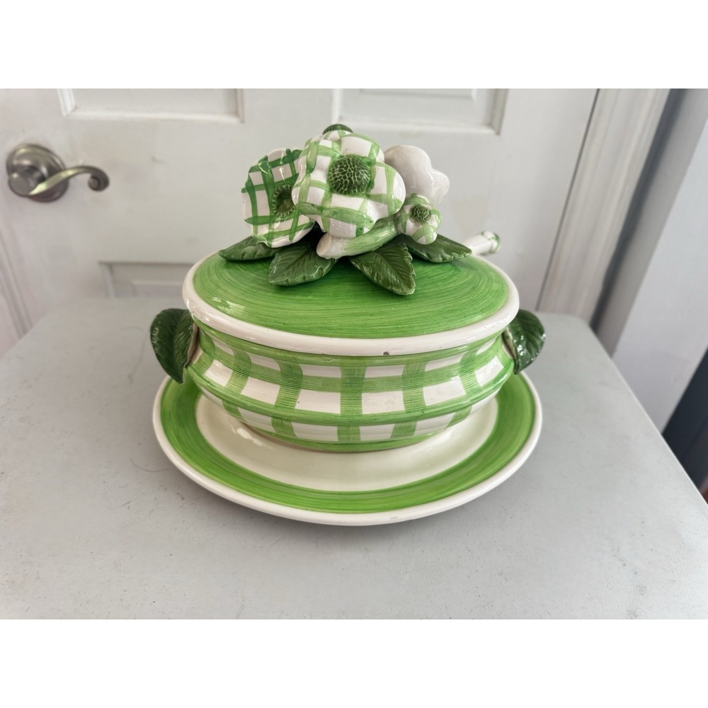 Hard To Find Country Casual MCM‎ Floral Mushrooms Green/White Soup Tureen Read!